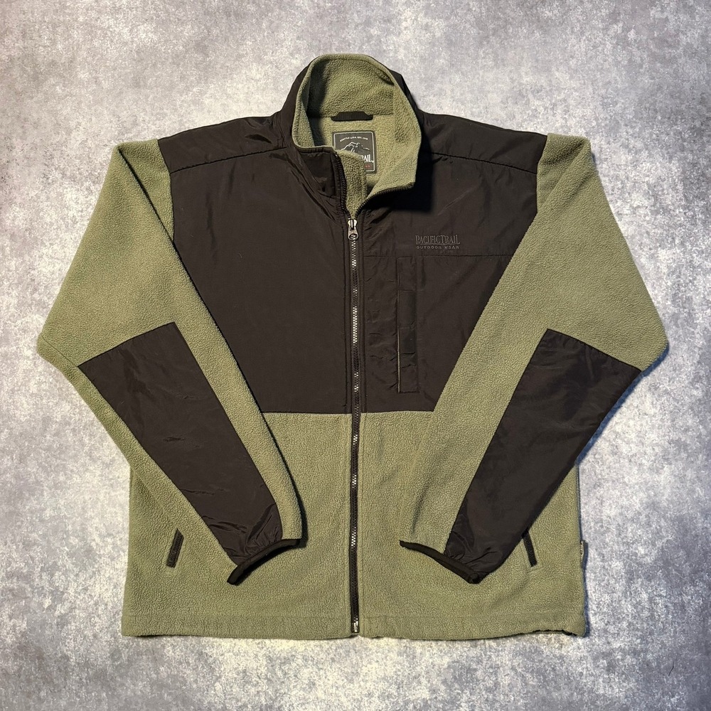 Pacific Trail Mens Large Green Black Fleece Full Zip Outdoor‎ Jacket L